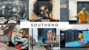 A collage of street art murals from Southend City Jam with Southend written through the middle
