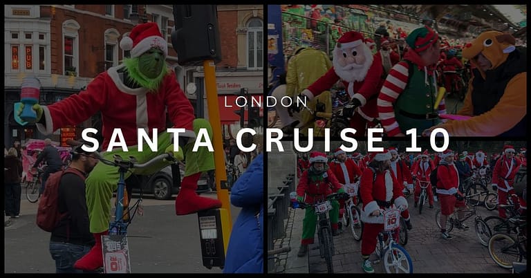 Collage of photos from the Santa Ride in London with the text "London - Santa Cruise 10"