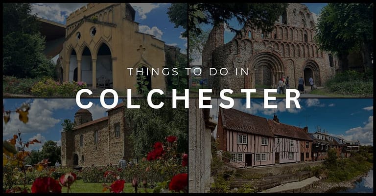 Collage of images: Minories Folly, Colchester Castle, St Botoph's Priory and 17th century cottages - with the text "Things to do in Colchester"